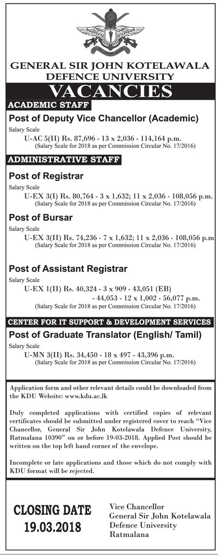 Registrar, Bursar, Assistant Registrar, Graduate Translator, Deputy Vice Chancellor - General Sir John Kotelawala Defence University